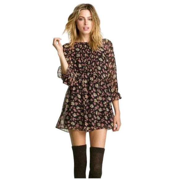 Free People Doll Floral 3/4 Sheer Sleeve Mini Dress Tunic Boho Bloomcore Sz 12 - Picture 1 of 10